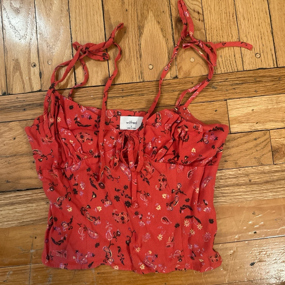 Aritzia Red Ruffled Tie Front Crop Top